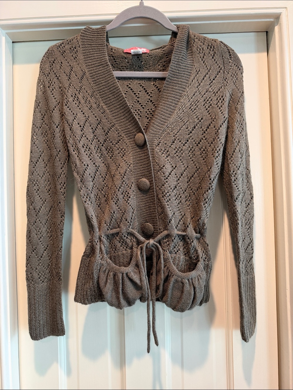 Lux Taupe Knit Button-Front Drawstring Cardigan